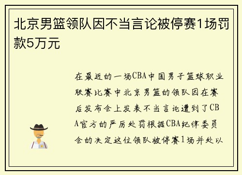 北京男篮领队因不当言论被停赛1场罚款5万元